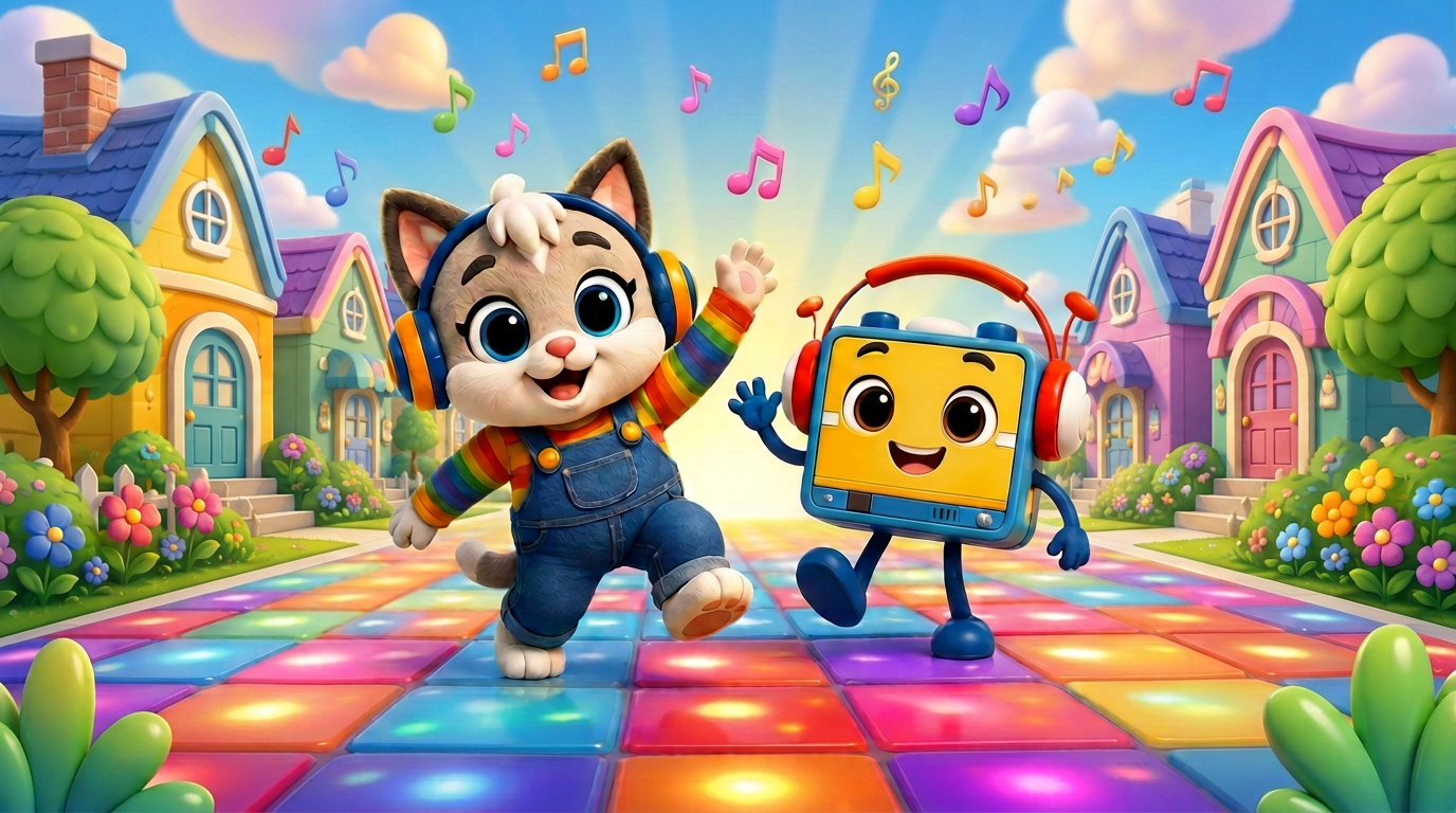 Kitty Kitty and Boom Boom dancing on a rainbow disco floor